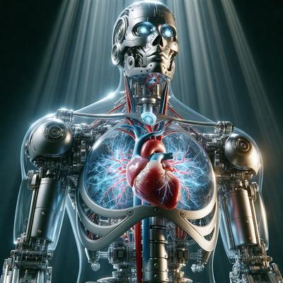 The primary subject of the image is a robotic heart, which is a part of a robotic body. The setting is a dark background, and the visual style is digital art. The colors and mood of the image are predominantly blue and silver, giving it a futuristic and technological appearance.